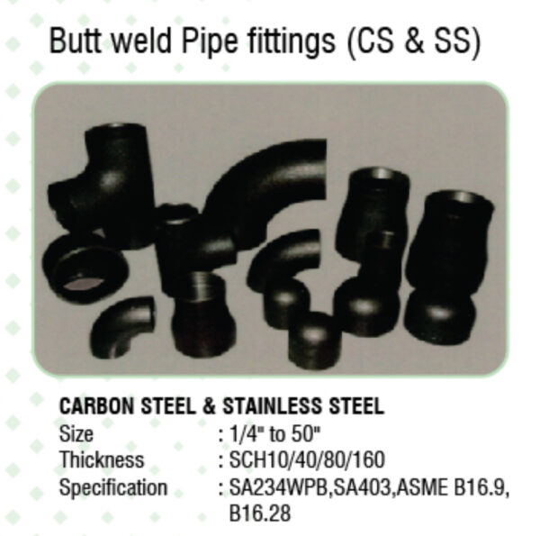 Pipe and Fittings, Carbon Steel Pipes (CS), Butt Weld Pipe Fittings (CS and SS), Stainless Steel Pipe (SS), Flanges (CS & SS), Galvanized Iron Pipes (GI), GI MI Threaded Fittings, Carbon Steel and Stainless Steel 